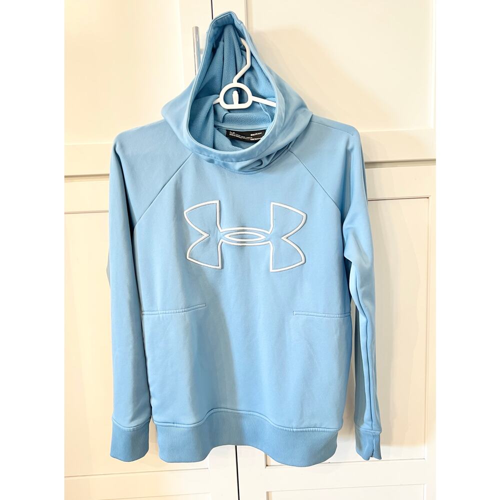 Under Armour Hoodie Loose ColdGear Women's Sz S Fleece Lined Light Blue Big Logo - Picture 10 of 11